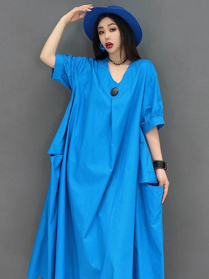XITAO Casual V-neck Pocket Female Dress Loose Solid Color A-line Slimming Women Simple Temperament Short Sleeve Dress ZMY1079