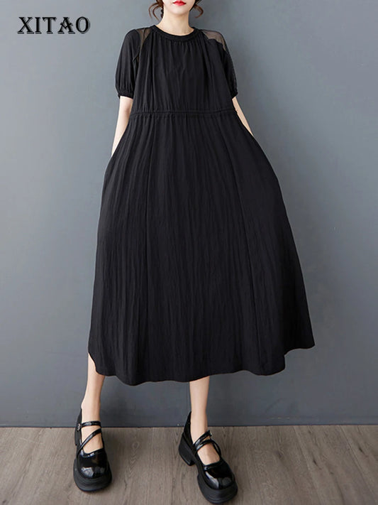 XITAO O-neck Short Sleeve Patchwork Dress Loose Simple Temperament Drawstring Women Solid Color Vintage Summer Dress ZMY1215