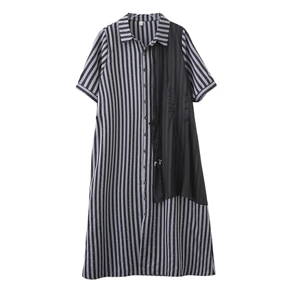 XITAO Striped Sequined Patchwork Female Dress Loose Turn-down Collar Asymmetrical Personality Summer Woman Shirt Dress ZMY1241