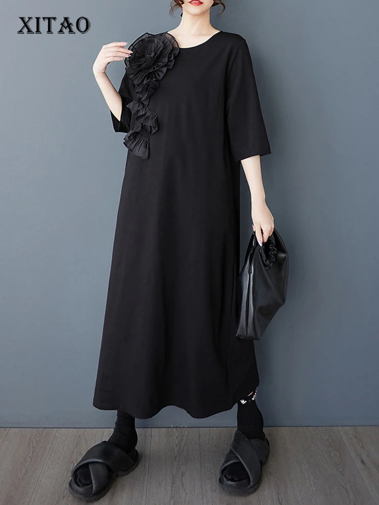 XITAO Flower Patchwork Loose Female Dress Vintage Solid Color Temperament Elegant Women Simple Irregular Casual Dress ZMY1064