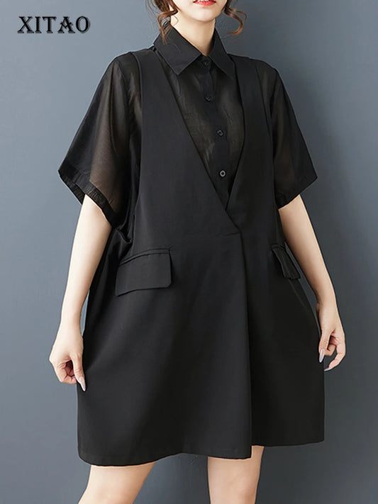 XITAO Pocket Patchwork Solid Color Shirt Dress Collar Short Sleeve Loose Slimming Summer Woman Fake Two Pieces Dress ZMY1298
