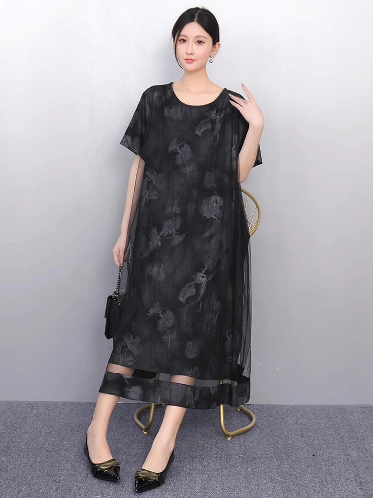 XITAO Loose Mesh Patchwork Print Female Dress Fashion Elegant Trend A-line Women Short Sleeve O-neck Pullover Dress ZMY1250