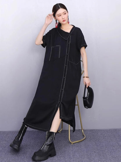 XITAO Irregular Single Breasted Dress Short Sleeve Vintage Loose Casual A-line Slimming Solid Color Summer Woman Dress ZMY1377