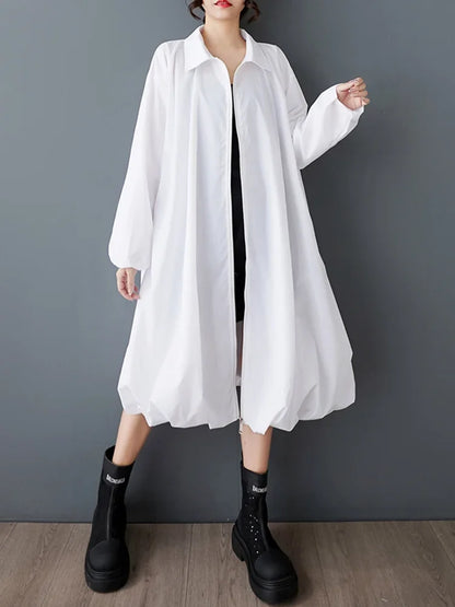 XITAO Loose Vintage Zipper Dress Simple Solid Color Long Sleeve Women Personality Hem Casual Turn-down Collar Dress ZMY1056