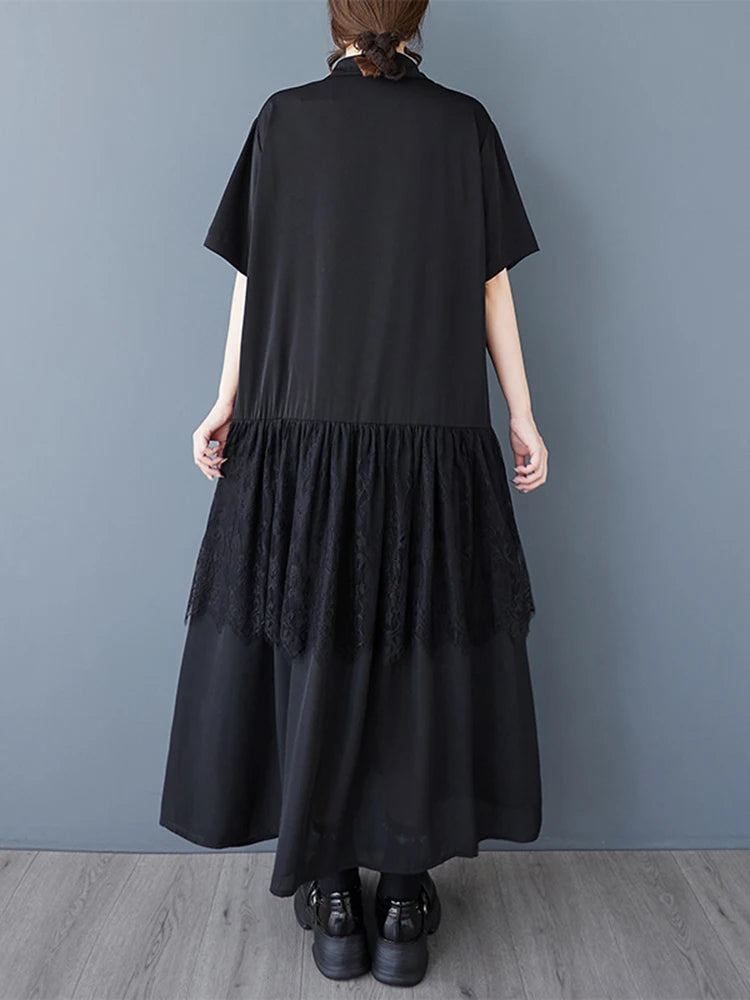 XITAO Lace Patchwork Turn-down Collar Dress Casual A-line Single Breasted Loose Fitting Hong Kong New Summer Women Dress HQQ2484