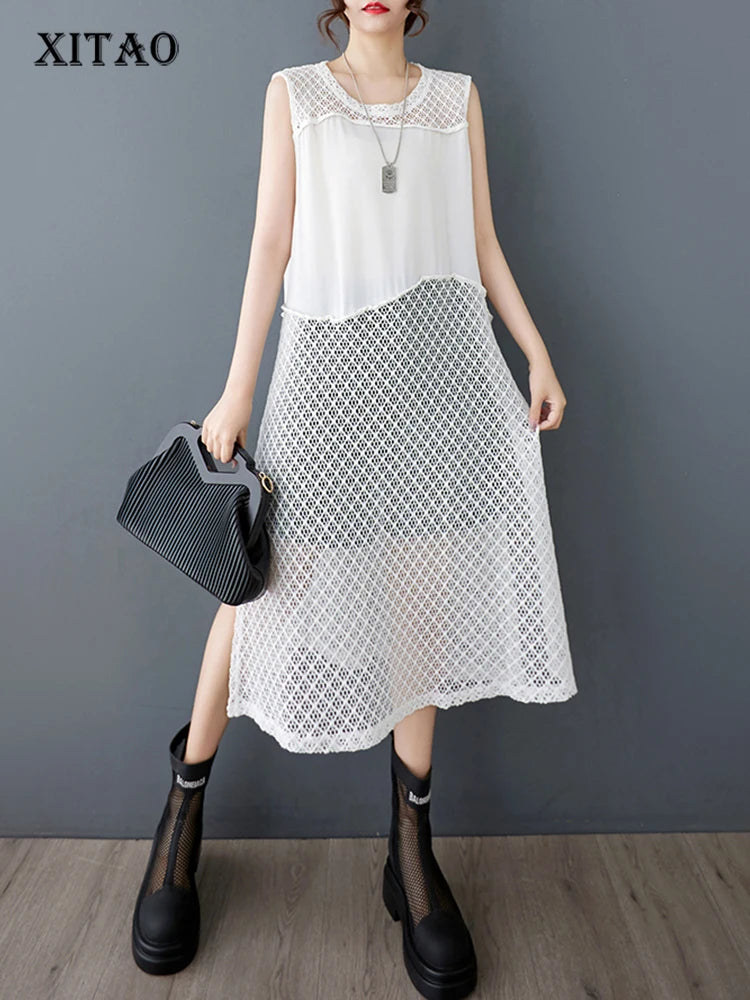 XITAO Sleeveless Irregular Dress Casual Hollow Out Mesh Patchwork Women Summer O-neck Korea Casual Pullover Dress ZMY1213