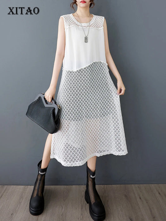 XITAO Sleeveless Irregular Dress Casual Hollow Out Mesh Patchwork Women Summer O-neck Korea Casual Pullover Dress ZMY1213