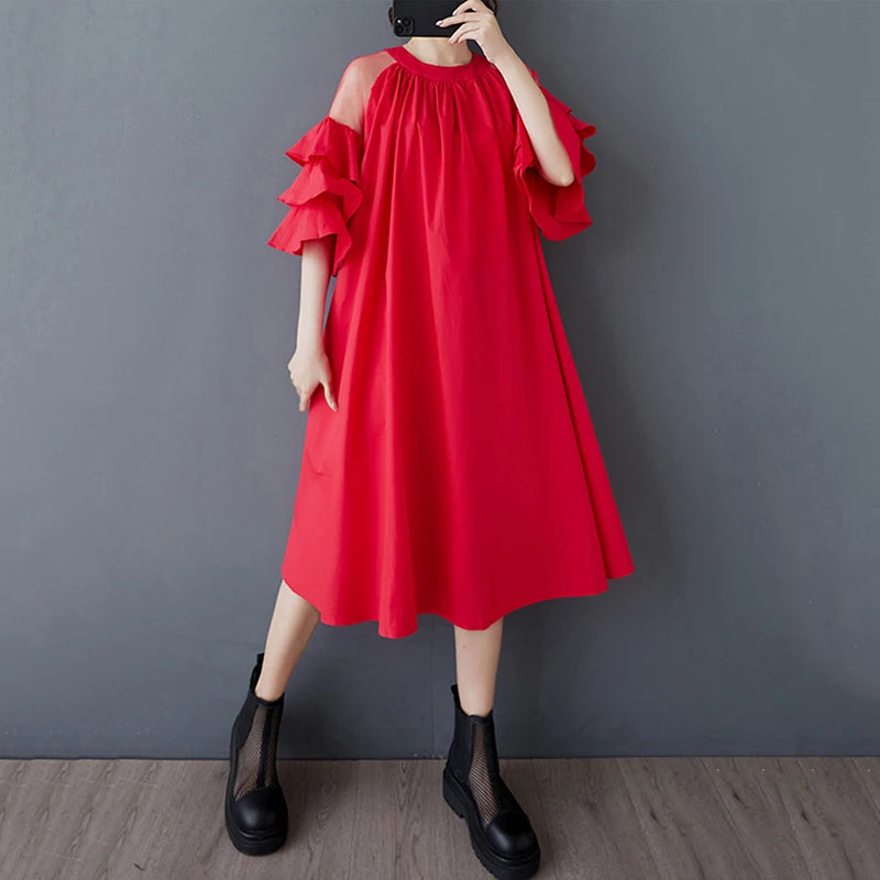 XITAO Mesh Patchwork O-neck Female Loose Dress Slimming A-line Simple Solid Color Women Temperament Elegant Dress ZMY1047