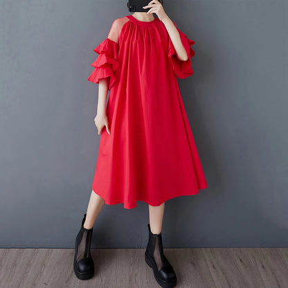XITAO Mesh Patchwork O-neck Female Loose Dress Slimming A-line Simple Solid Color Women Temperament Elegant Dress ZMY1047