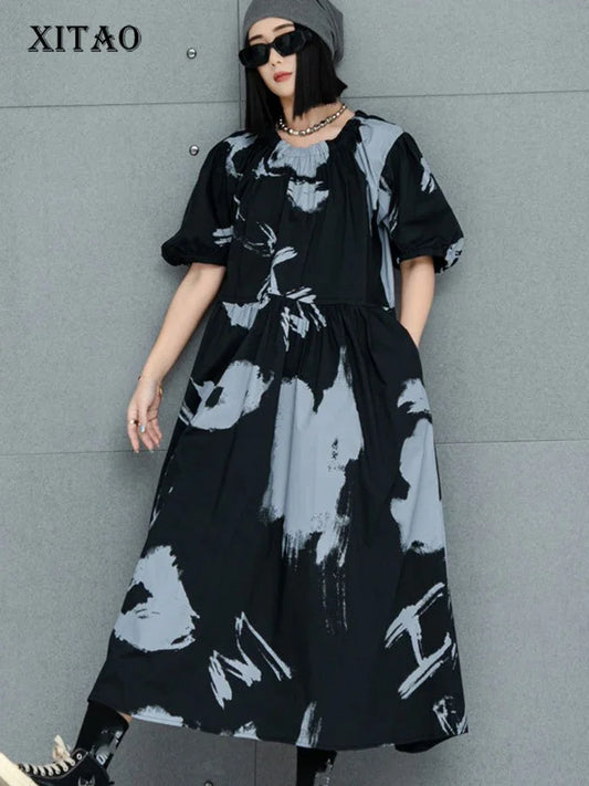 XITAO Loose Irregular Print Female Dress Simple Fashion Contrast Color Women Casual Trendy Patchwork A-line Dress GMM1280