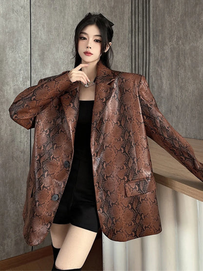 XITAO Casual Vintage Solid Color Loose PU Blazer Full Sleeve Notched Trendy Stlye New Arrival Autumn Women Blazer ZYY1051