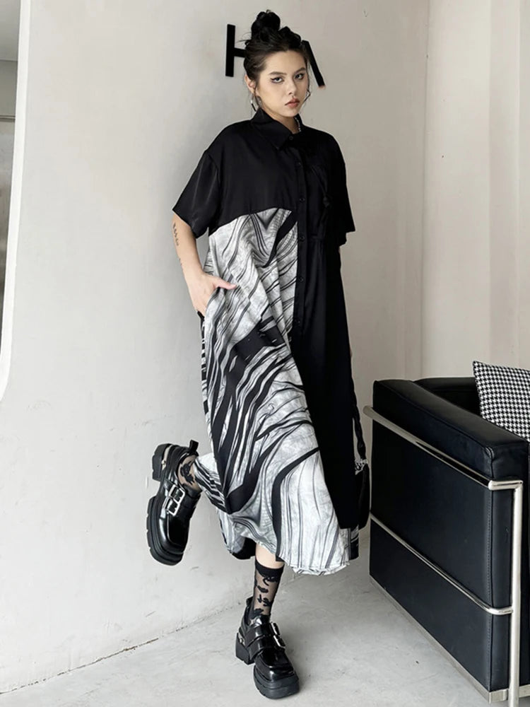 XITAO Loose Patchwork Print Dress Vintage Contrast Color Single Breasted Women Summer Casual Slimming Irregular Dress HQQ2356