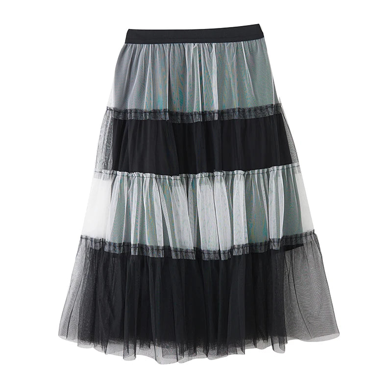 XITAO Gauze Patchwork Contrast Color A-line Skirt Elastic Waist Loose Temperament Casual Slimming Summer Women Skirt ZMY1065