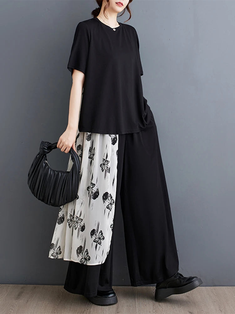 XITAO Print Patchwork Loose Sets Temperament Two-piece Short Sleeve O-neck Wide Leg Pants New Arrival All-match Sets ZMY1268