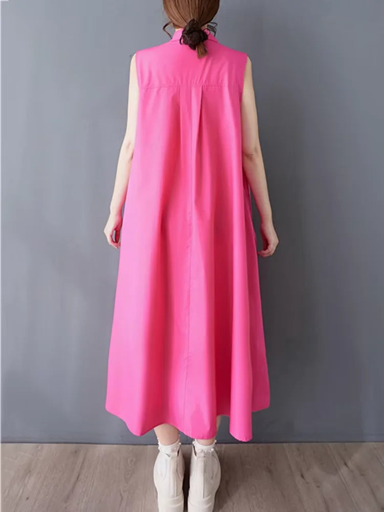 XITAO Fold Zipper Sleeveless Turn-down Collar Dress Solid Color Patchwork Pocket Loose Casual Slimming All Match Dress HQQ2445