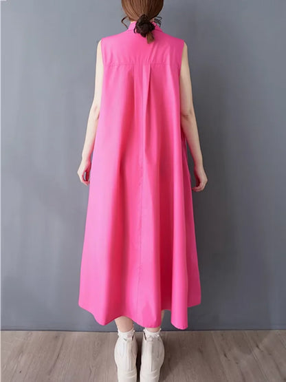 XITAO Fold Zipper Sleeveless Turn-down Collar Dress Solid Color Patchwork Pocket Loose Casual Slimming All Match Dress HQQ2445