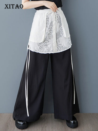 XITAO Patchwork Mesh Contrast Color Pant Casual Loose Wide Leg Fitting New Pocket Fashion Lace Spring Female Pant GYX1586