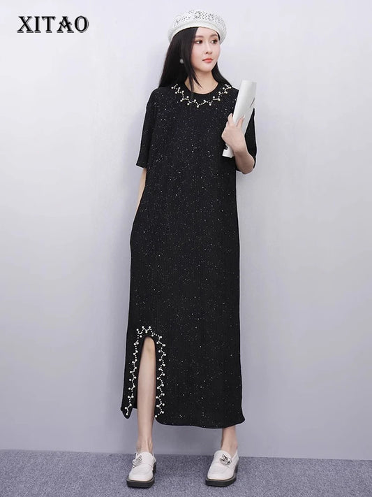 XITAO Embroidered Flares Patchwork Asymmetrical Dress Solid Color O-neck Pullover Slimming All Match Temperament Dress ZMY1186