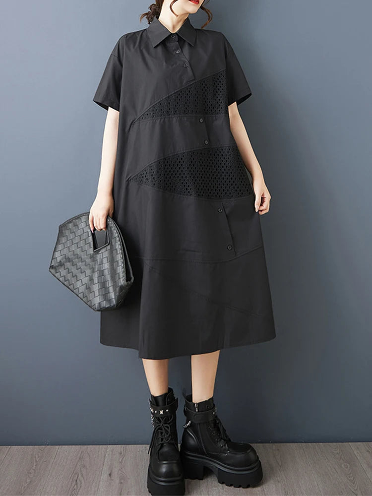 XITAO Patchwork Turn-down Collar Loose Dress Slimming Gauze Solid Color Short Sleeve Fashion Casual Summer Woman Dress HQQ2507