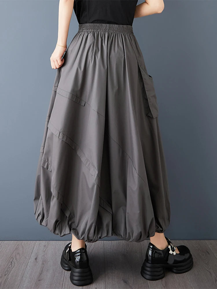 XITAO Bud Pocket Pleated Skirt Casual Loose Fitting Personality Elastic Waist Bubble Fashion New Loose Women Skirt ZMY1089