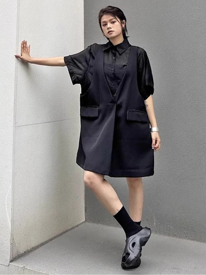 XITAO Pocket Patchwork Dress Solid Color Fake Two Pieces Single Breasted Short Sleeve Temperament Summer Woman Dress ZMY1309