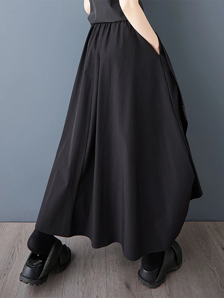 XITAO Patchwork Bud Button Elastic Waist Skirt Casual Loose Fitting A-line Personality Solid Color Summer Women Skirt  ZMY1070