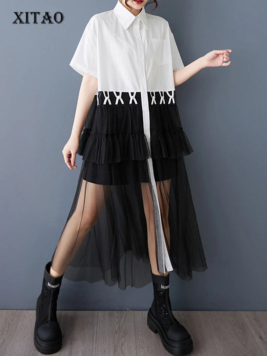 XITAO Patchwork Mesh Single Breasted Dress Casual Loose Fitting A-line Short Sleeve Turn-down Collar Summer Women Dress GYX1634