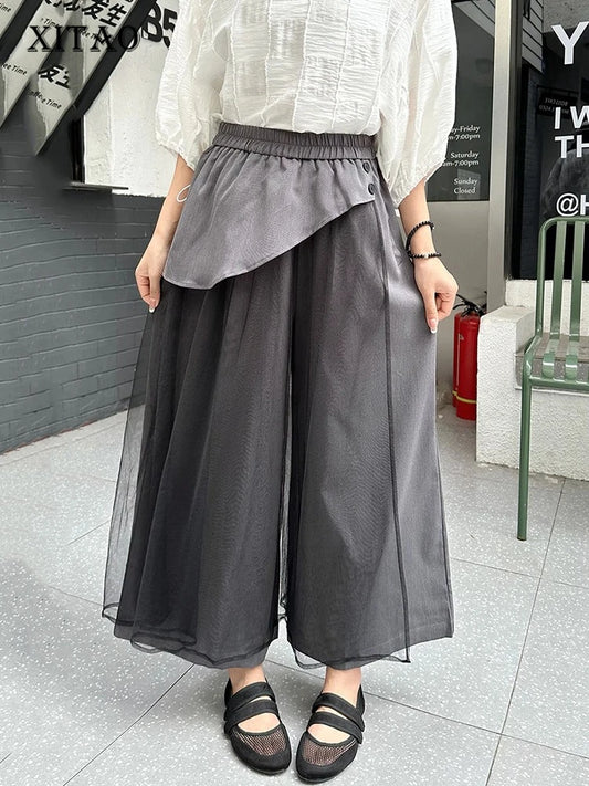 XITAO Patchwork Mesh Elastic Waist Female Pant Casual Loose Fitting A-line New Arrival Solid Color Summer Women Pant ZMY1343