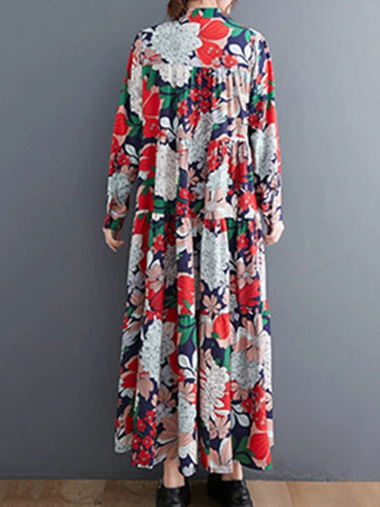 XITAO Loose Casual Full Sleeve Dress Fashion Stand Collar Print Simplicity All-match 2024 Spring Women New Dress DMJ2359