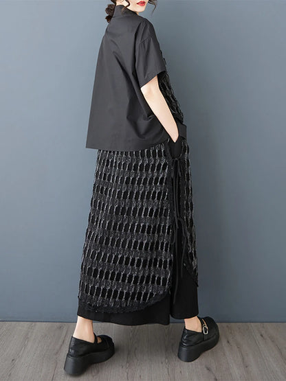 XITAO Patchwork Hollow Out Lapel Dress Set Casual Short Sleeve A-line Elastic Waist Korean Version Spring Women Set GYX1627