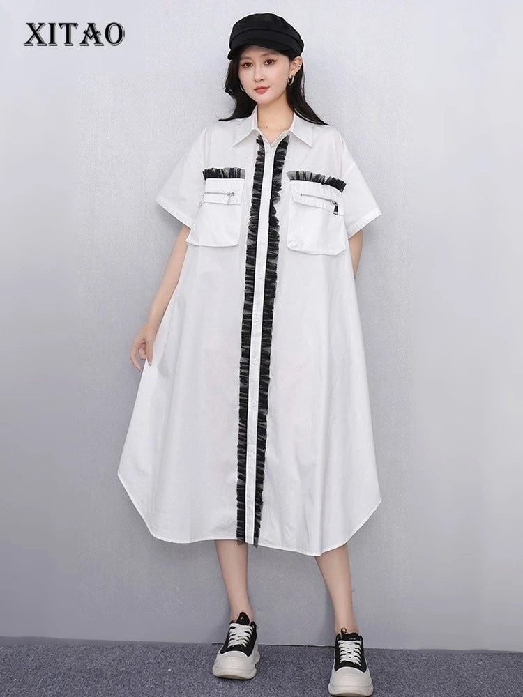 XITAO Patchwork Pocket Contrast Color Dress Turn-down Collar Single Breasted A-line Loose Fitting Simple Summer Dress ZMY1371