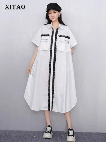 XITAO Patchwork Pocket Contrast Color Dress Turn-down Collar Single Breasted A-line Loose Fitting Simple Summer Dress ZMY1371