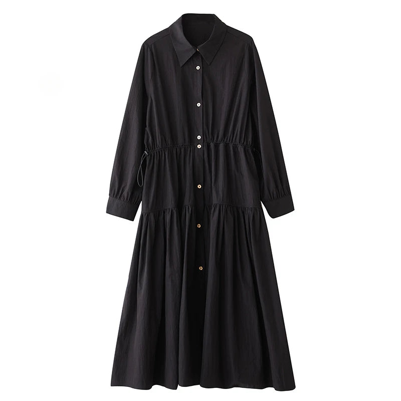 XITAO Single Breasted Pocket Dress Solid Color Turn-down Collar Patchwork Long Sleeve Loose Slimming Temperament Dress GYX1511