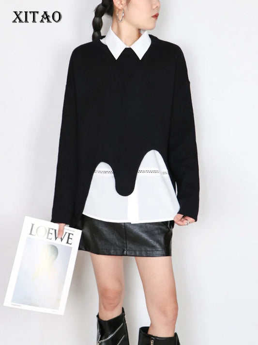 XITAO Irregular Fold Female O-neck Sweater Full Sleeve Casual Solid Color Knitting Simple Trendy Autumn Women Pullover GMM1287