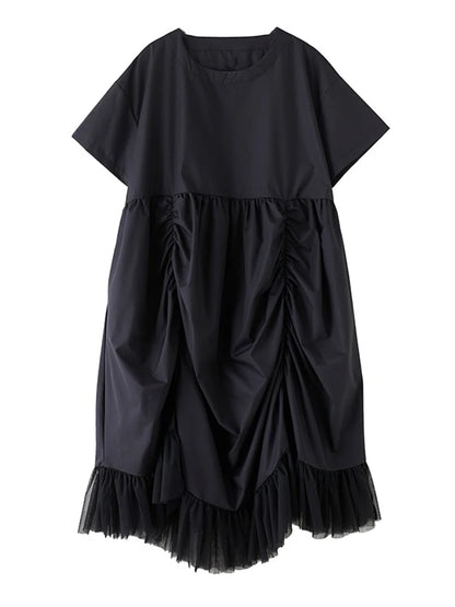 XITAO Loose Folds Female Dress Personality Mesh Irregular Patchwork Women Solid Color Slimming Vintage Pullover Dress ZMY1147