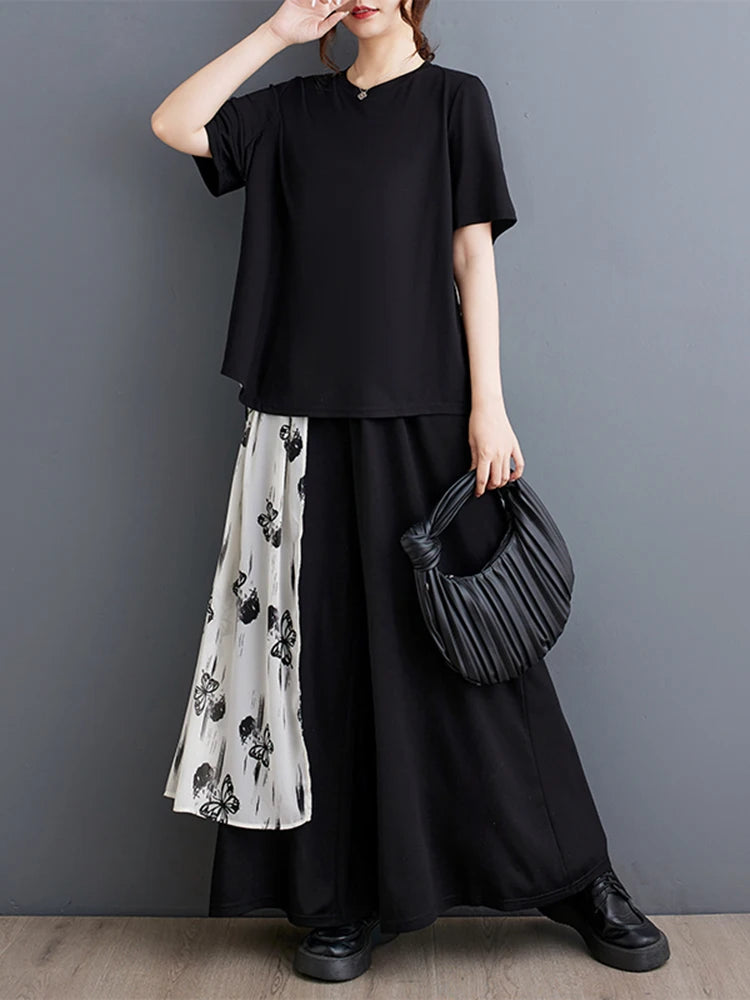 XITAO Print Patchwork Loose Sets Temperament Two-piece Short Sleeve O-neck Wide Leg Pants New Arrival All-match Sets ZMY1268