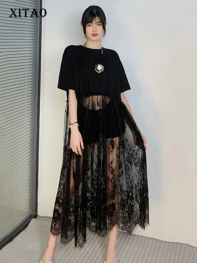 XITAO Patchwork Lace Perspective Pullover Dress Solid Color O-neck Short Sleeve Loose Casual Temperament Women Dress ZMY1245