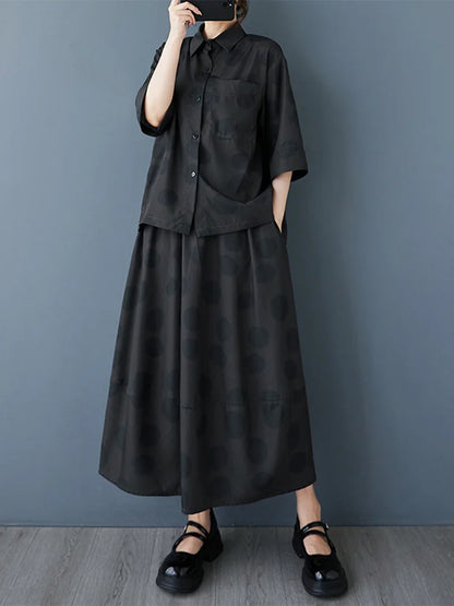 XITAO Polka Dot Print Pocket Patchwork Female Sets Turn-down Collar Short Sleeve Loose Top Elastic Waist Skirt HQQ2486