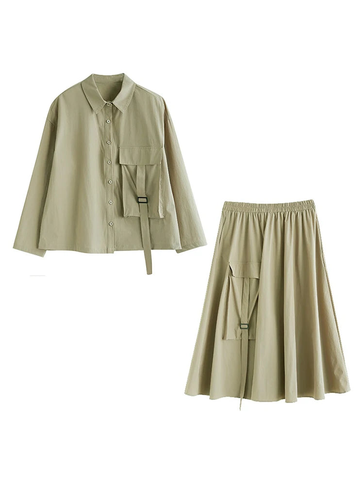 XITAO Single Breasted Pocket Full Sleeve Matching Set Casual Solid Color Elastic Waist Turn-down Collar Female Dress Set GYX1543