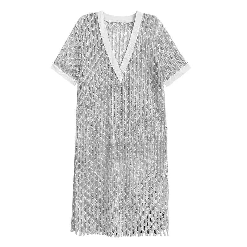 XITAO Hollow Out V-neck A-line Dress Short Sleeve Casual Loose Slimming All Match New Personality Summer Women Dress HQQ2467