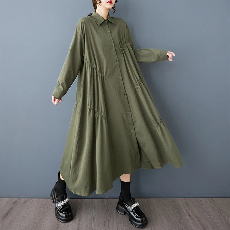 XITAO Pleated Single Breasted Lapel Dress Casual Turn-down Collar Full Sleeve A-line Solid Color Spring Women Dress GYX1542