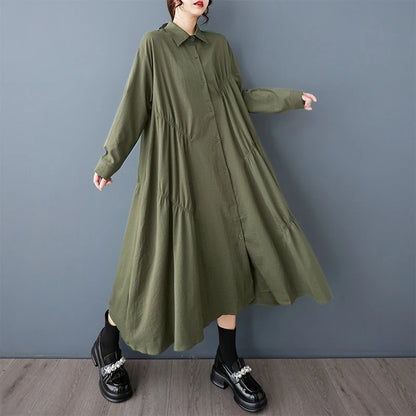 XITAO Pleated Single Breasted Lapel Dress Casual Turn-down Collar Full Sleeve A-line Solid Color Spring Women Dress GYX1542