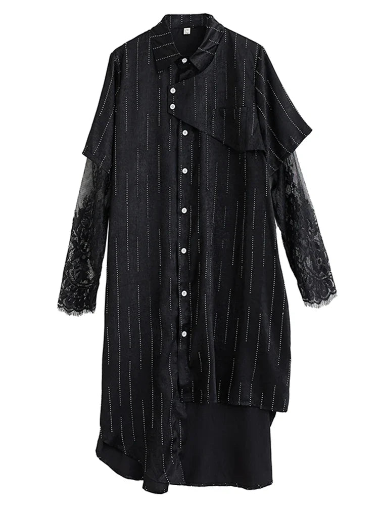 XITAO Irregular Patchwork Mesh Single Breasted Dress Loose Fitting Thin Fashion Stripe Pocket Lapel Summer Female Dress ZMY1346