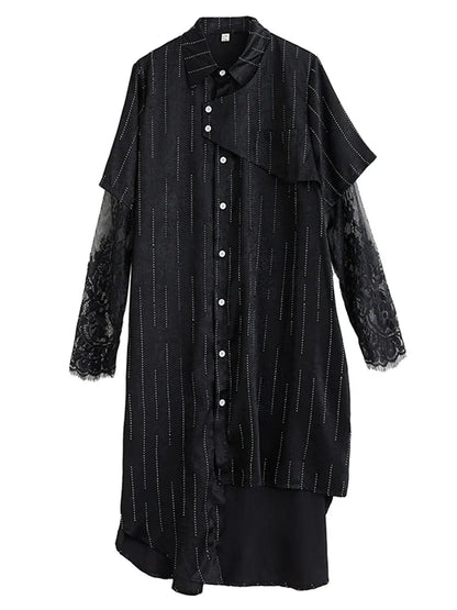 XITAO Irregular Patchwork Mesh Single Breasted Dress Loose Fitting Thin Fashion Stripe Pocket Lapel Summer Female Dress ZMY1346