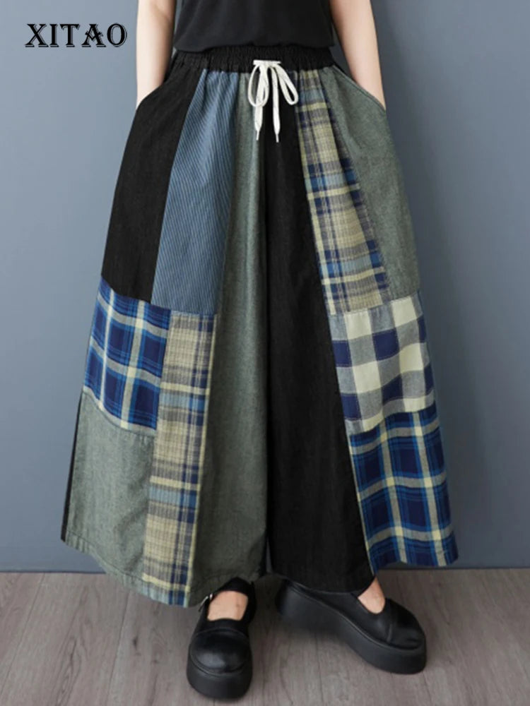 XITAO Patchwork Wide-leg Elastic Waist Female Jean Pant Casual Loose Fitting New Leisure Simple Spring Women Pant GYX1569