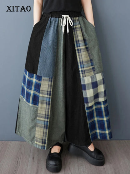 XITAO Patchwork Wide-leg Elastic Waist Female Jean Pant Casual Loose Fitting New Leisure Simple Spring Women Pant GYX1569