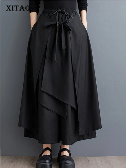 XITAO Asymmetric Wide Leg Lace-up Pant Casual Elastic Waist Fake Two Pieces New Arrival Mid Waist Spring Women Pant GYX1628