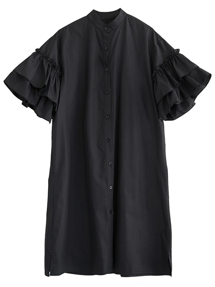 XITAO Ruffles Sleeve Single Breasted Dress New A-line Mid-calf Stand Collar O-neck Solid Color Summer Female Dress GMM1328