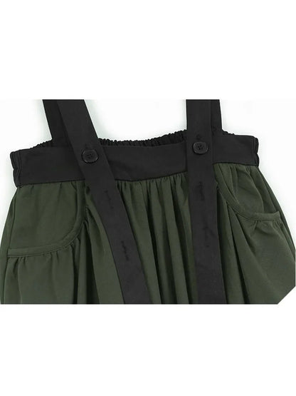 XITAO Contrast Color Fold Suspenders Skirt Pocket Patchwork Elastic Waist Loose Slimming All Match Casual Mid-calf Skirt GMM1250