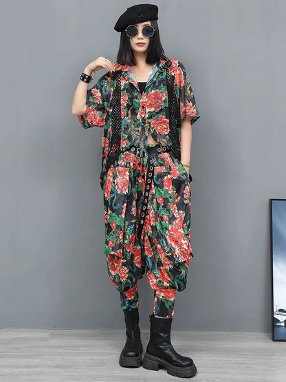 XITAO Hollow Out Asymmetrical Print Sets Turn-down Collar Loose Short Sleeve Personality Elastic Waist Woman Sets GYX1664